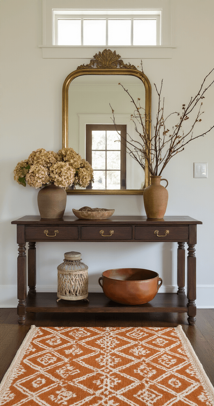 A wide-angle shot of a mid-century entryway featuring a vintage dark walnut console topped with an aged brass mirror. A tall ceramic vase holds an arrangement of dried hydrangeas, oak branches, and Chinese lantern stems. A handwoven runner in burnt orange and cream geometric pattern adorns the floor, and a leather catch-all bowl with patina rests on the console. Natural mid-morning light streams in from a transom window, illuminating the warm architectural details.