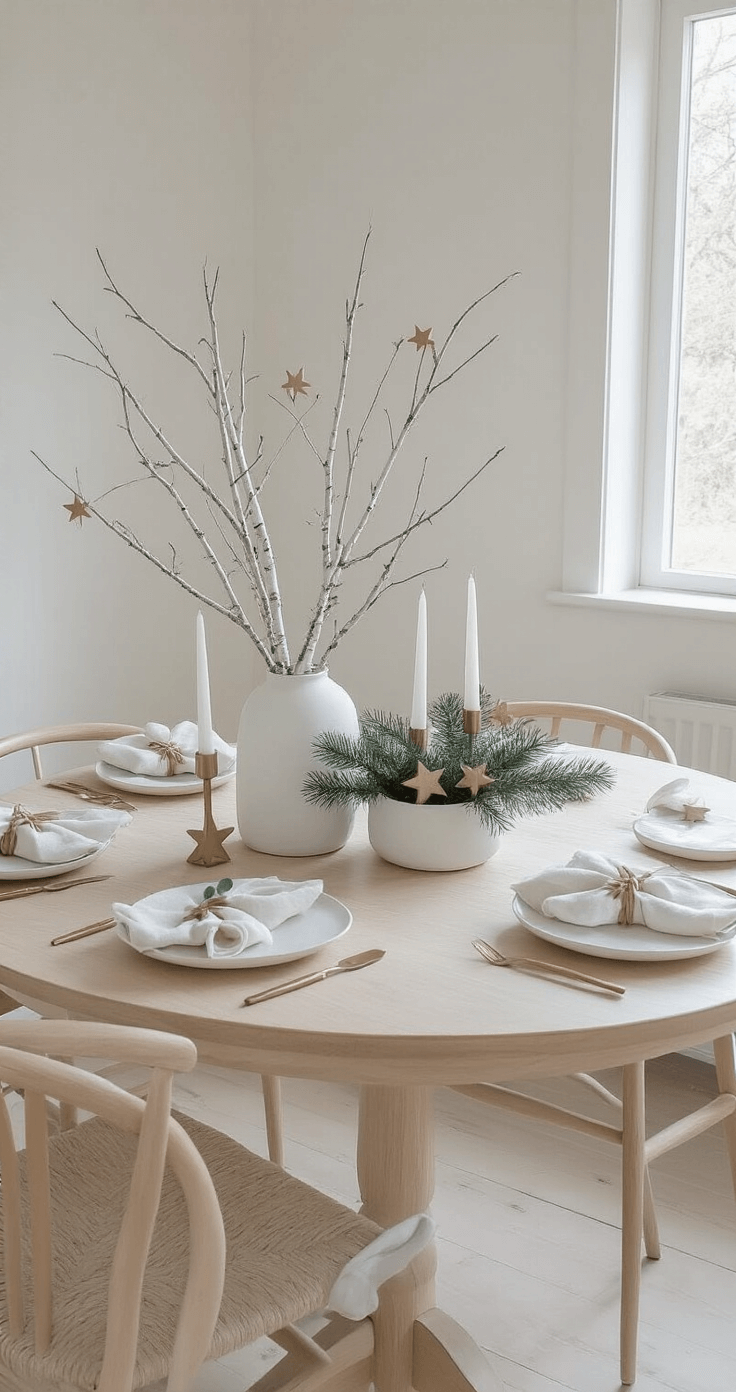 A Magical Christmas Dining Table Decor: Your Ultimate Guide to Festive Entertaining Scandinavian-inspired dining nook featuring a round white oak table with a nature-themed centerpiece, textured white stoneware place settings, natural linen napkins, and scattered brass candleholders, all in a bright corner space with white walls and pale wood floors.