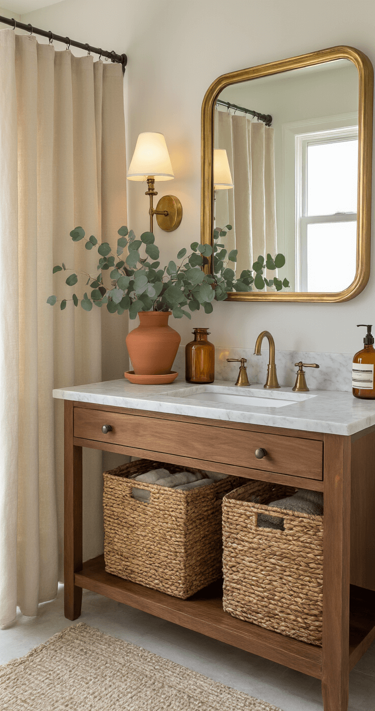A cozy bathroom styled in warm walnut and marble, featuring amber glass jars, woven baskets, and a vintage brass mirror, all bathed in soft afternoon light from a frosted window, with a natural cotton shower curtain and a terra cotta planter holding cascading eucalyptus.