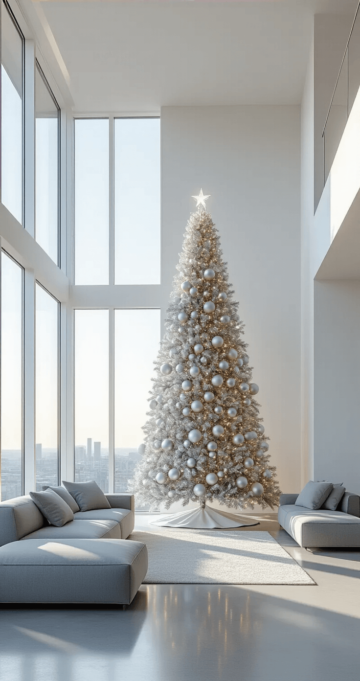 Magical Themed Christmas Trees: Transform Your Holiday Decor with Stunning Storytelling Designs A minimalist penthouse living room with floor-to-ceiling windows, featuring a 9ft modern Christmas tree adorned with matte silver and chrome spherical ornaments, illuminated by early morning light and white LED lights. The space is decorated with a low-profile gray sectional, stark white walls, and polished concrete floors reflecting the light, captured at eye level with a shallow depth of field.