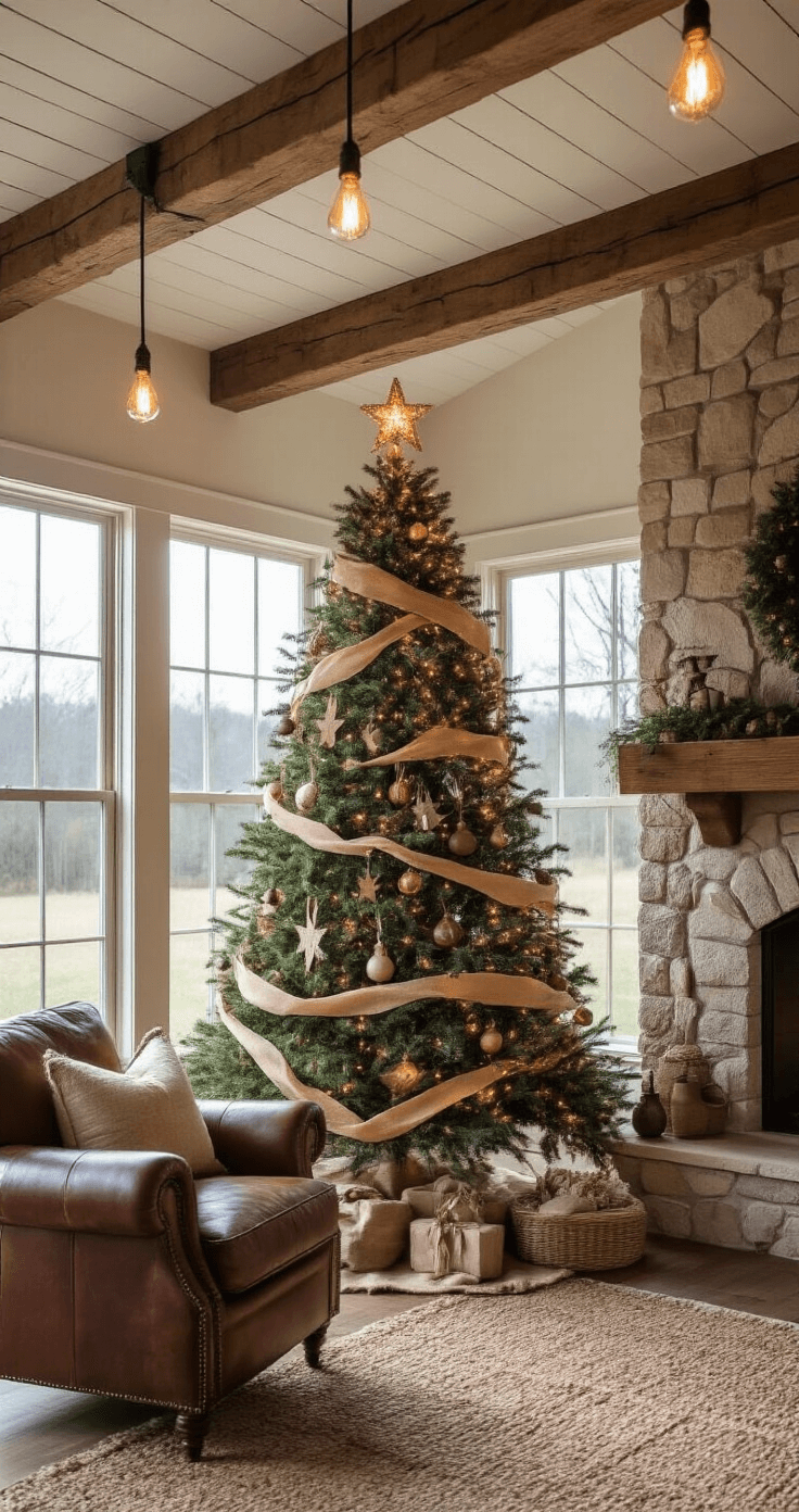 Magical Themed Christmas Trees: Transform Your Holiday Decor with Stunning Storytelling Designs A cozy rustic farmhouse great room features exposed wooden beams and warm evening lighting from vintage Edison bulbs. An 8ft flocked Christmas tree adorned with burlap ribbon, wooden ornaments, and antiqued tin accents stands near a stone fireplace, complemented by a vintage leather armchair. A handmade popcorn garland adds a nostalgic touch, with natural materials and textures highlighted by soft side lighting.