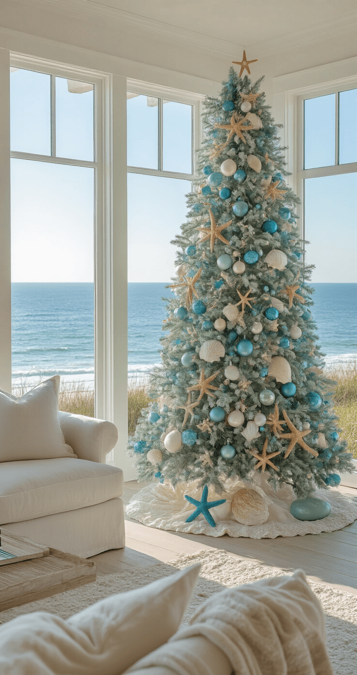 Magical Themed Christmas Trees: Transform Your Holiday Decor with Stunning Storytelling Designs Airy coastal living room featuring a 7.5ft decorated tree and panoramic ocean views, with bright mid-morning light illuminating whitewashed wood floors and sandy-toned linen furniture.