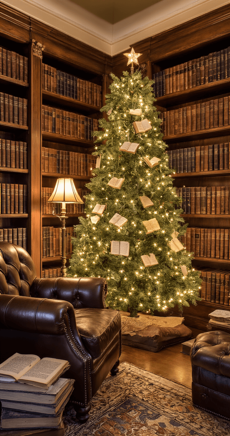 Magical Themed Christmas Trees: Transform Your Holiday Decor with Stunning Storytelling Designs Cozy library den featuring built-in bookcases, a 6.5ft decorated tree, leather-bound books, and a worn leather armchair, all bathed in warm amber lighting.