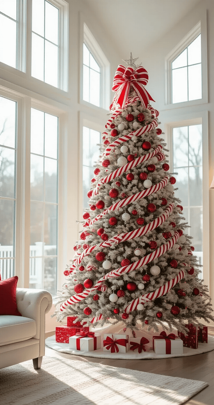 A bright and airy 20x24ft living room with 12ft ceilings showcases a 9ft Christmas tree adorned with red and white striped ribbons, glossy baubles, and oversized candy cane ornaments. Natural light filters through floor-to-ceiling windows, creating a soft glow, while the background furniture is softly blurred for a dreamy effect.