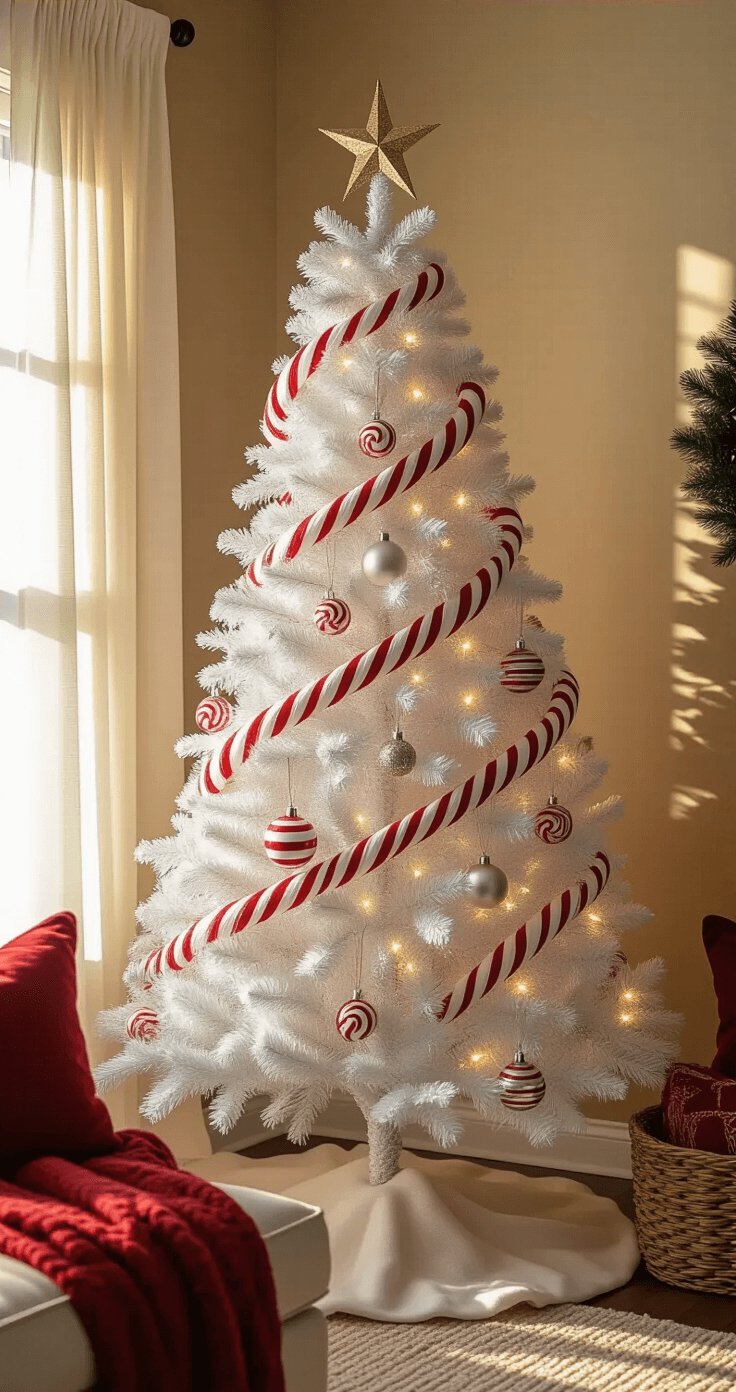 A cozy family room corner at golden hour, featuring a 7ft white artificial tree decorated with a candy cane theme, surrounded by warm greige walls and sunlight casting long shadows through sheer curtains.