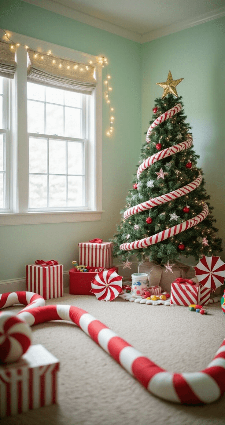 A cozy children's playroom with pale mint walls, featuring a 6ft candy cane themed tree in a whimsical corner, oversized plush candy canes, sparkly red and white pinwheels, fairy lights, vintage toy accents, and striped gift boxes, captured from a child's eye level in soft focus.