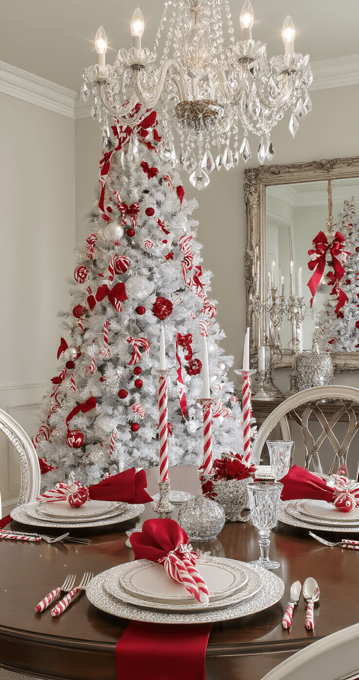 An elegant formal dining room features an 8ft flocked tree adorned with candy cane elements, a crystal chandelier casting light on metallic red and white ornaments, and a table set with candy cane inspired chargers. The scene is captured from dining table height, reflecting in an antique mirror, showcasing a glamorous atmosphere.