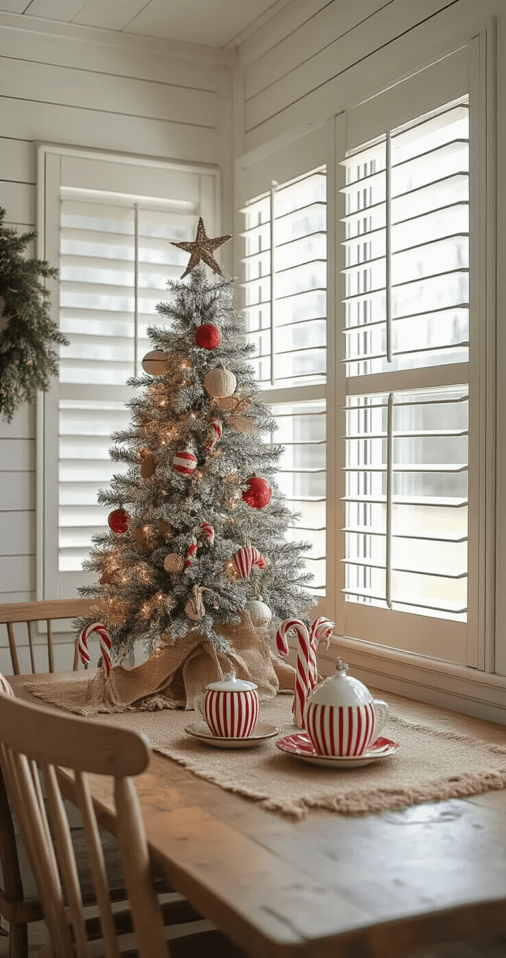Rustic farmhouse breakfast nook adorned with a 7ft Christmas tree, handcrafted ornaments, and vintage decor, illuminated by diffused morning light.