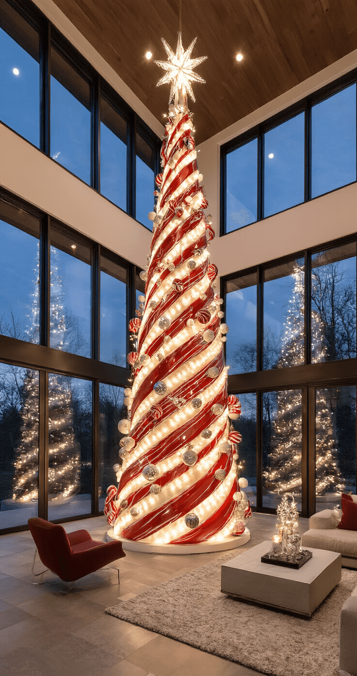 Contemporary great room with a dramatic 10ft candy cane Christmas tree, oversized abstract candy cane sculptures, and sleek metallic ornaments. Evening setting enhanced by architectural lighting and reflective floor-to-ceiling windows, captured in a wide shot at 24mm with long exposure for ambient light balance.