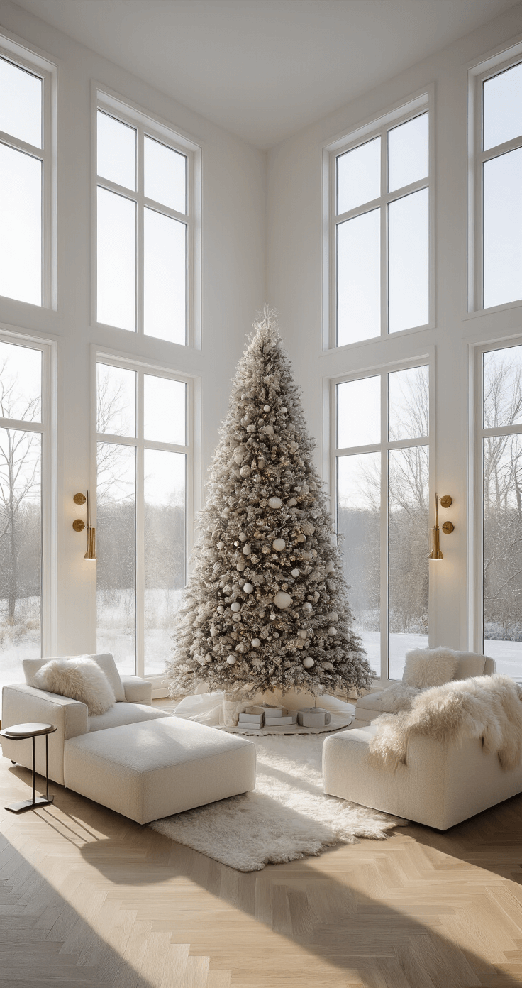 A contemporary living room featuring a flocked Fraser fir tree decorated in matte white and silver, surrounded by minimalist cream bouclé furniture, with large windows allowing warm afternoon light to create a serene atmosphere.