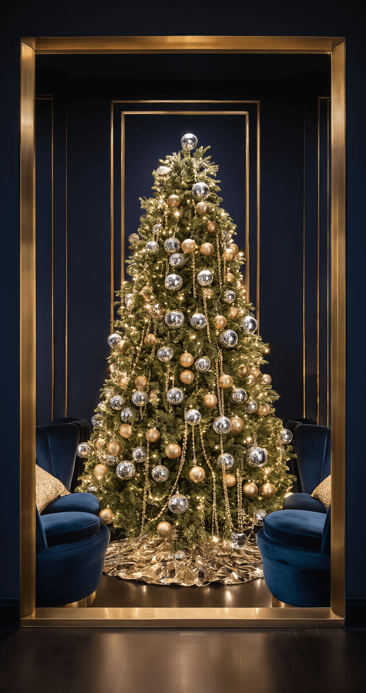 A cozy media room with dark navy walls and brass accents, featuring a 7.5ft slim artificial tree adorned with mirror ball ornaments and metallic chains, surrounded by mid-century modern velvet furniture in jewel tones, warmly illuminated for a glamorous evening atmosphere.