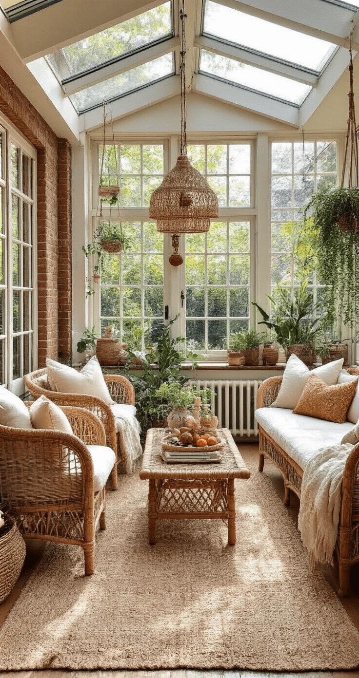 A sunlit bohemian sunroom featuring exposed brick and steel-framed windows, decorated with a Norfolk pine adorned with handmade ornaments and dried orange slices, surrounded by vintage rattan furniture with cream cushions and textured throws.