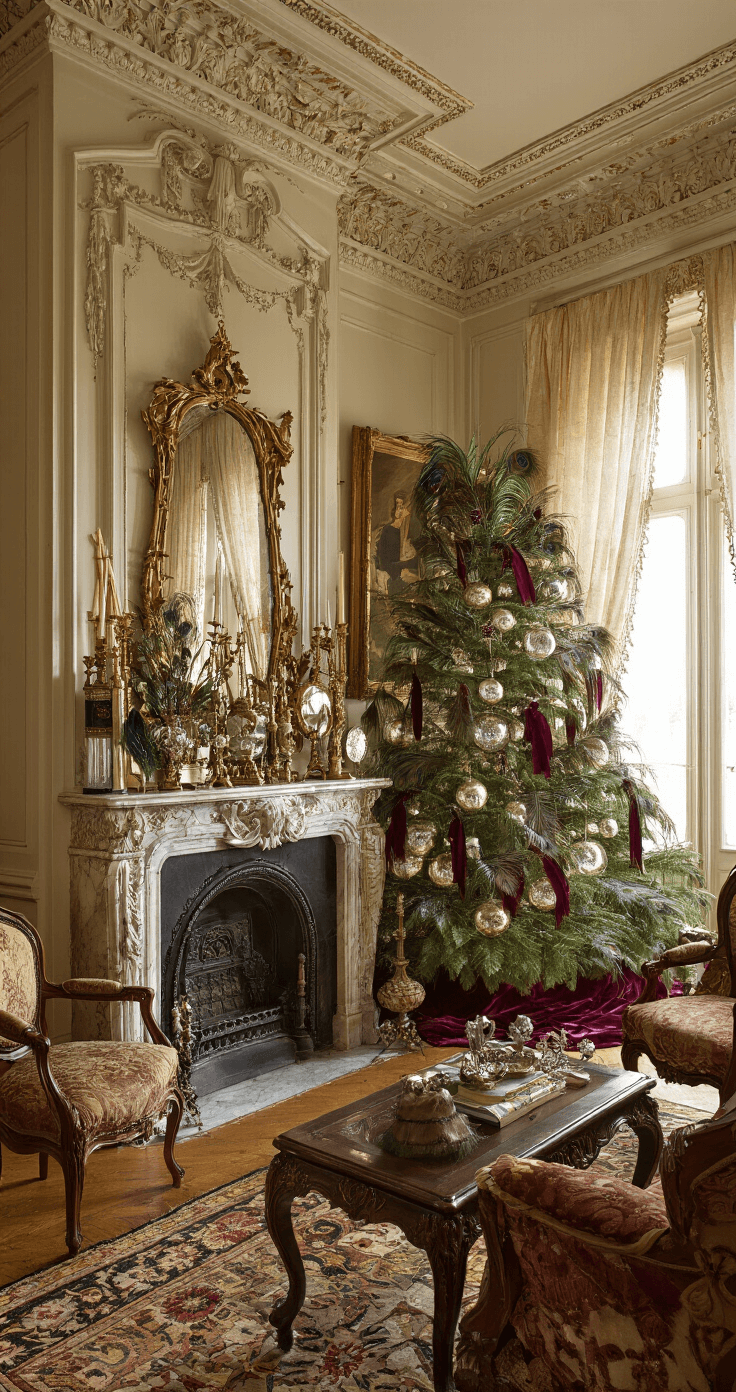 A grand Victorian parlor featuring ornate crown molding and a marble fireplace, illuminated by warm golden hour light. A towering noble fir adorned with vintage mercury glass and peacock feathers stands in the center, surrounded by rich damask antique furnishings, all captured from a dramatic high angle to emphasize the opulent atmosphere.