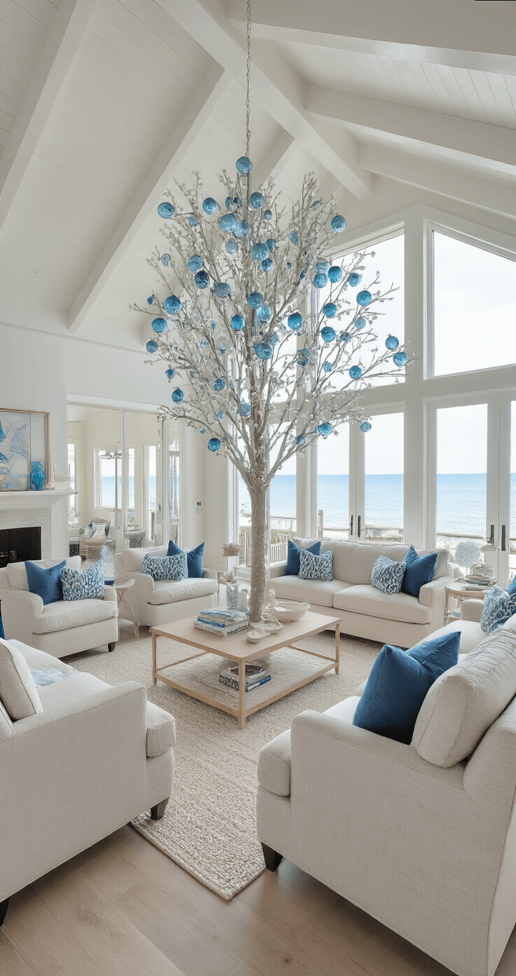 A bright and airy coastal modern great room featuring a 25x30ft open layout with a whitewashed cathedral ceiling, illuminated by mid-morning light through a wall of windows. The room includes a 9ft Christmas tree adorned with frosted blue glass, pearl garlands, and silver starfish ornaments, surrounded by clean-lined sandy neutral furniture with blue accents, all viewed from the entryway.
