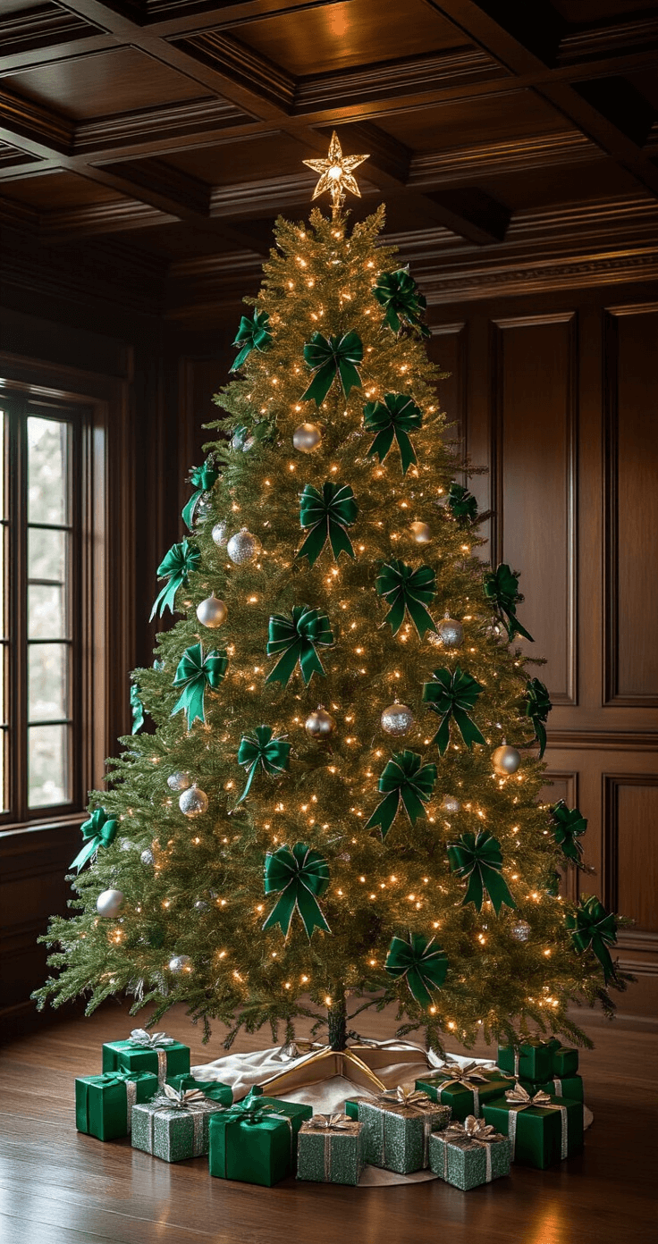 Bow Christmas Tree: The Ultimate Guide to Festive Holiday Styling A cozy den featuring a 7-foot Fraser fir adorned with emerald green and silver bows, illuminated by warm LED lights, with dark walnut paneling and coffered ceilings, captured from a low angle to highlight the tree's height amidst deep shadows and metallic accents.