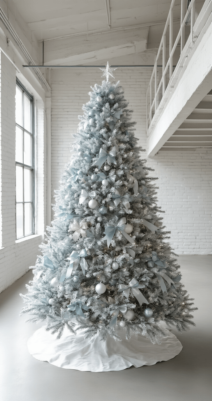 Bow Christmas Tree: The Ultimate Guide to Festive Holiday Styling A Scandinavian-style loft with cool morning light, featuring a 7.5-foot flocked Christmas tree adorned with ice blue silk and silver metallic ribbon bows, surrounded by minimal white and clear glass ornaments. The concrete floors and white brick walls create an industrial backdrop, as viewed from a mezzanine level above.