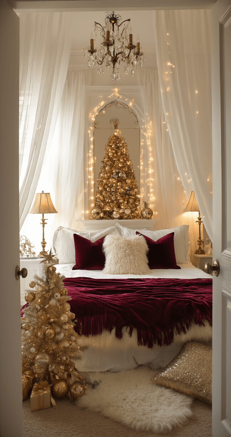 Create a Magical Christmas Bedroom Sanctuary: Your Ultimate Styling Guide A cozy master bedroom illuminated by golden hour light, featuring a king bed with burgundy and cream bedding, sheer white curtains, and twinkling fairy lights. A vintage window alcove and a small flocked Christmas tree with gold and crystal ornaments complete the warm, inviting atmosphere.