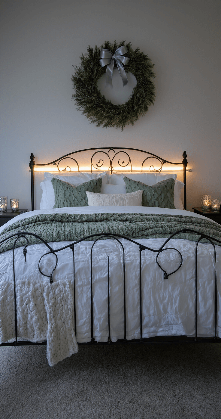 Create a Magical Christmas Bedroom Sanctuary: Your Ultimate Styling Guide A cozy 10x12ft guest bedroom at dusk featuring a wrought iron queen bed with white linens and sage and silver throws, a preserved pine wreath with silver ribbon above, ethereal LED strip lighting behind the headboard, and vintage mercury glass votives providing soft illumination.