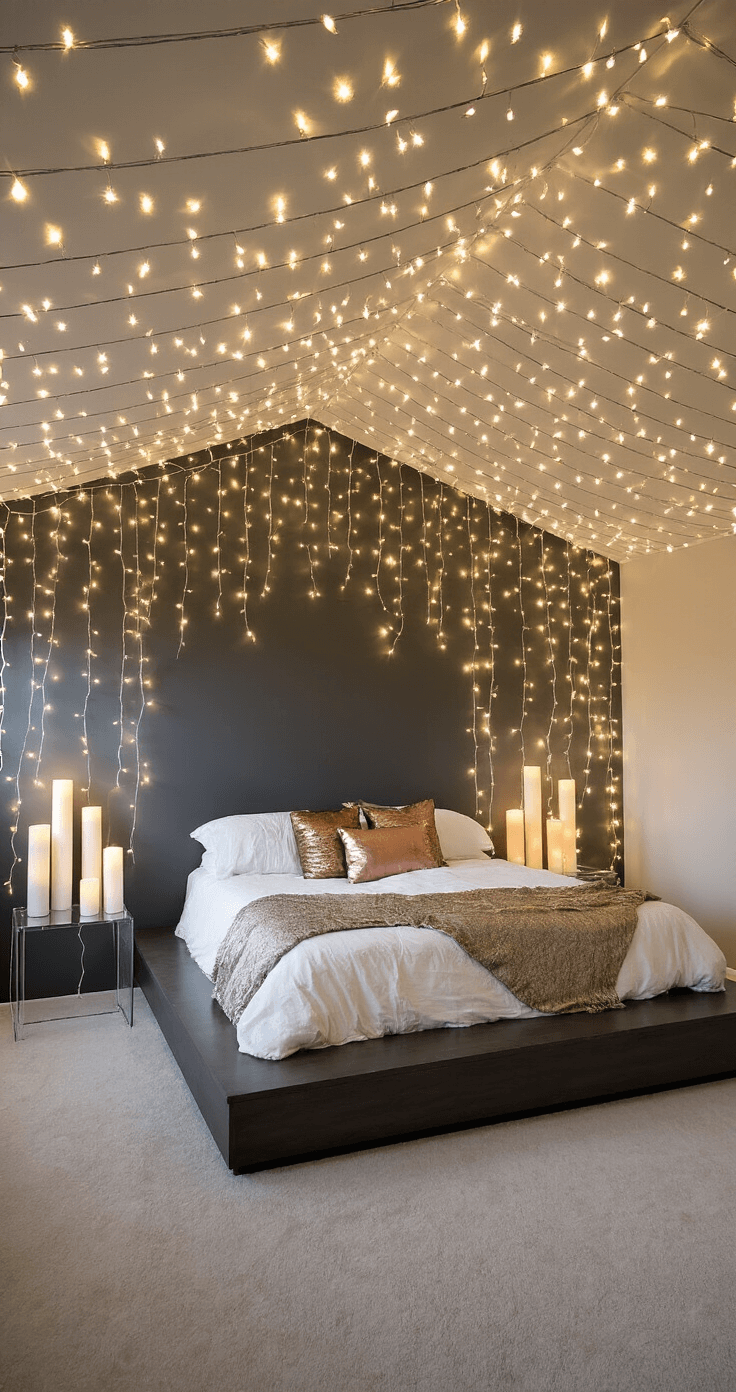 Create a Magical Christmas Bedroom Sanctuary: Your Ultimate Styling Guide A modern primary suite at midnight, featuring a platform bed against a charcoal accent wall, adorned with white linens and metallic bronze and copper accents, illuminated by thousands of warm white fairy lights strung across the ceiling and a cluster of LED pillar candles on lucite side tables, captured from an elevated corner to highlight the enchanting light patterns.