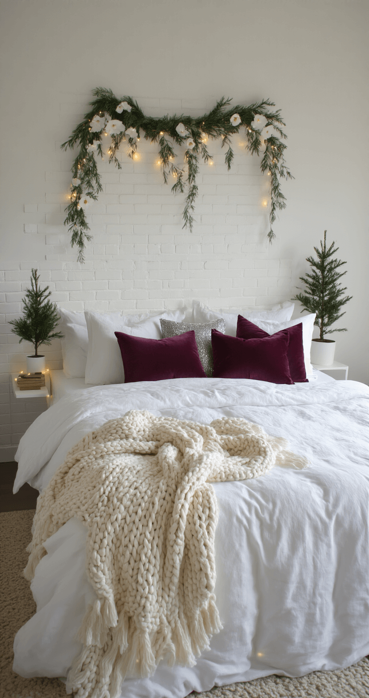Create a Magical Christmas Bedroom Sanctuary: Your Ultimate Styling Guide Minimalist bedroom featuring a clean-lined queen bed dressed in a white linen duvet, textured with a chunky cream knit throw and velvet pillows, set against a soft focus backdrop of a white brick accent wall adorned with a garland of cedar and white paper flowers, alongside a Norfolk pine with twinkling lights on a floating shelf.