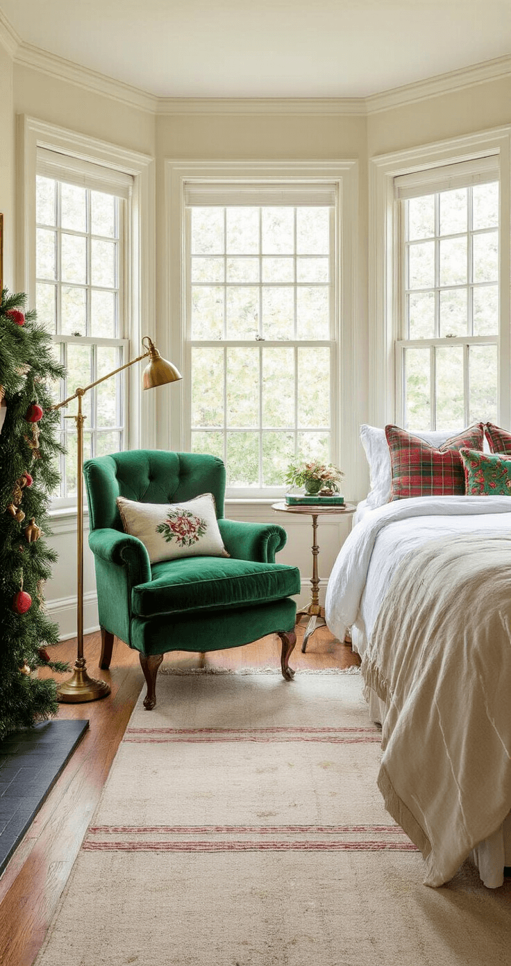 Create a Magical Christmas Bedroom Sanctuary: Your Ultimate Styling Guide A cozy traditional bedroom featuring a queen bed with ivory linens, a plaid wool throw, and jewel-toned holiday pillows, alongside a bay window with an emerald green velvet reading chair and brass floor lamp. The mantlepiece is adorned with fresh pine garland and vintage glass ornaments, all illuminated by natural light and warm practical fixtures.