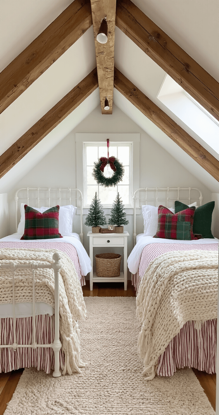 Create a Magical Christmas Bedroom Sanctuary: Your Ultimate Styling Guide Cozy attic bedroom at first light featuring twin beds with white iron frames dressed in red ticking stripe linens and chunky cream cable knit throws, surrounded by plaid and knit pillows in forest green and burgundy; petite flocked trees with vintage ornaments on painted bedside tables, and mini wreaths tied with plaid ribbon hanging from bed frames, viewed from the doorway showcasing exposed beams and charming architectural details.