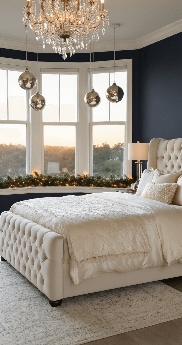 Create a Magical Christmas Bedroom Sanctuary: Your Ultimate Styling Guide A luxurious primary bedroom featuring a tufted cream velvet king bed against a dark navy accent wall, dressed in pearl white and champagne silk bedding. Antique mercury glass ornaments hang in the window bay, and a crystal chandelier glows softly like candlelight. Fresh garland with copper lights outlines the architectural molding, while window light casts dramatic shadows across the textured layers of the room.