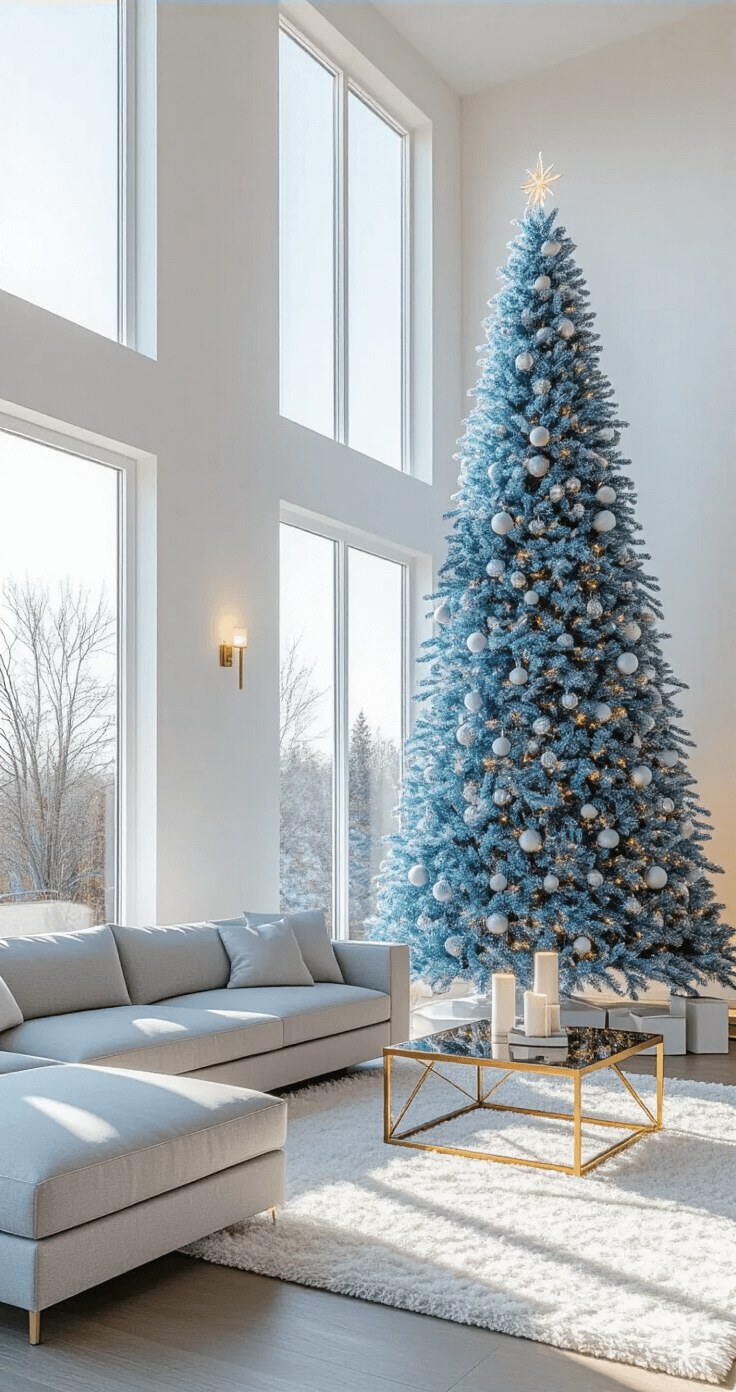 Blue Christmas Tree: A Modern Twist on Holiday Decor Modern living room with 12' ceilings and floor-to-ceiling windows featuring a 7.5' icy blue Christmas tree, minimalist grey sectional, and brass coffee table, illuminated by golden hour sunlight and warm white lights; the geometric white carpet anchors the space.