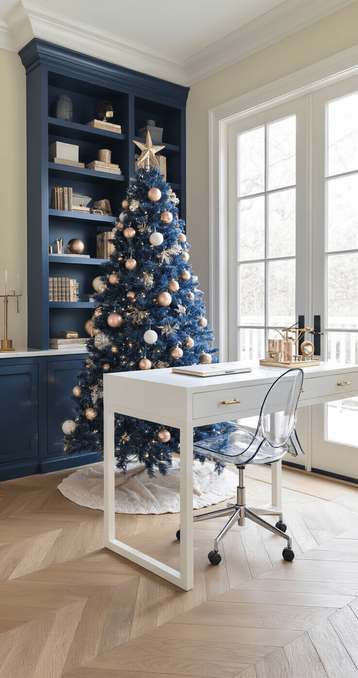 Blue Christmas Tree: A Modern Twist on Holiday Decor A stylish home office featuring a navy blue pencil Christmas tree in the corner near built-in bookshelves, illuminated by morning light through French doors. The white desk with a lucite chair is adorned with brass desk accessories, while the tree showcases rose gold and white ornaments and cool LED lights. The room features herringbone hardwood floors and cream walls, creating a modern professional atmosphere with a festive touch.