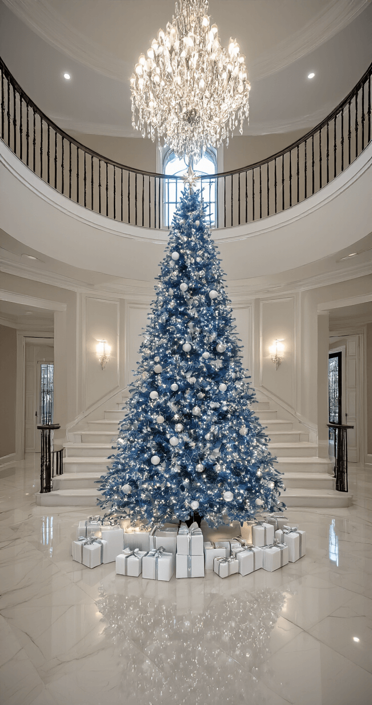 Blue Christmas Tree: A Modern Twist on Holiday Decor A grand foyer featuring a curved staircase and a crystal chandelier, with a 9-foot frosted blue Christmas tree centered under a double-height ceiling, marble floors reflecting the tree's sparkle, adorned with mirror-finish ornaments and twinkle lights, and artfully arranged white and silver gift boxes, captured from the second-floor landing to showcase the dramatic scale and elegant atmosphere.