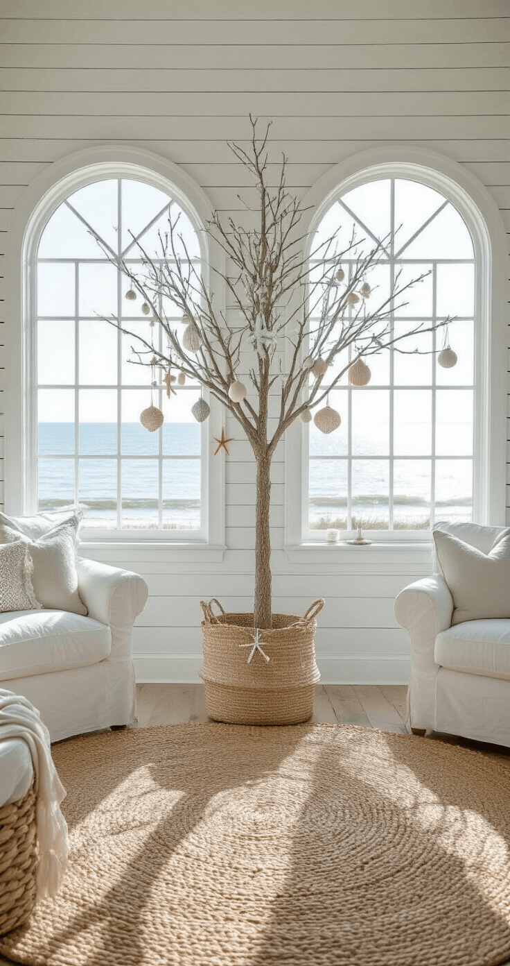 Blue Christmas Tree: A Modern Twist on Holiday Decor A coastal-themed living space featuring whitewashed shiplap walls, a baby blue slim tree adorned with pearlescent shells, starfish ornaments, and silver ribbons, surrounded by linen sofas and a jute rug, all bathed in soft, diffused late afternoon light.