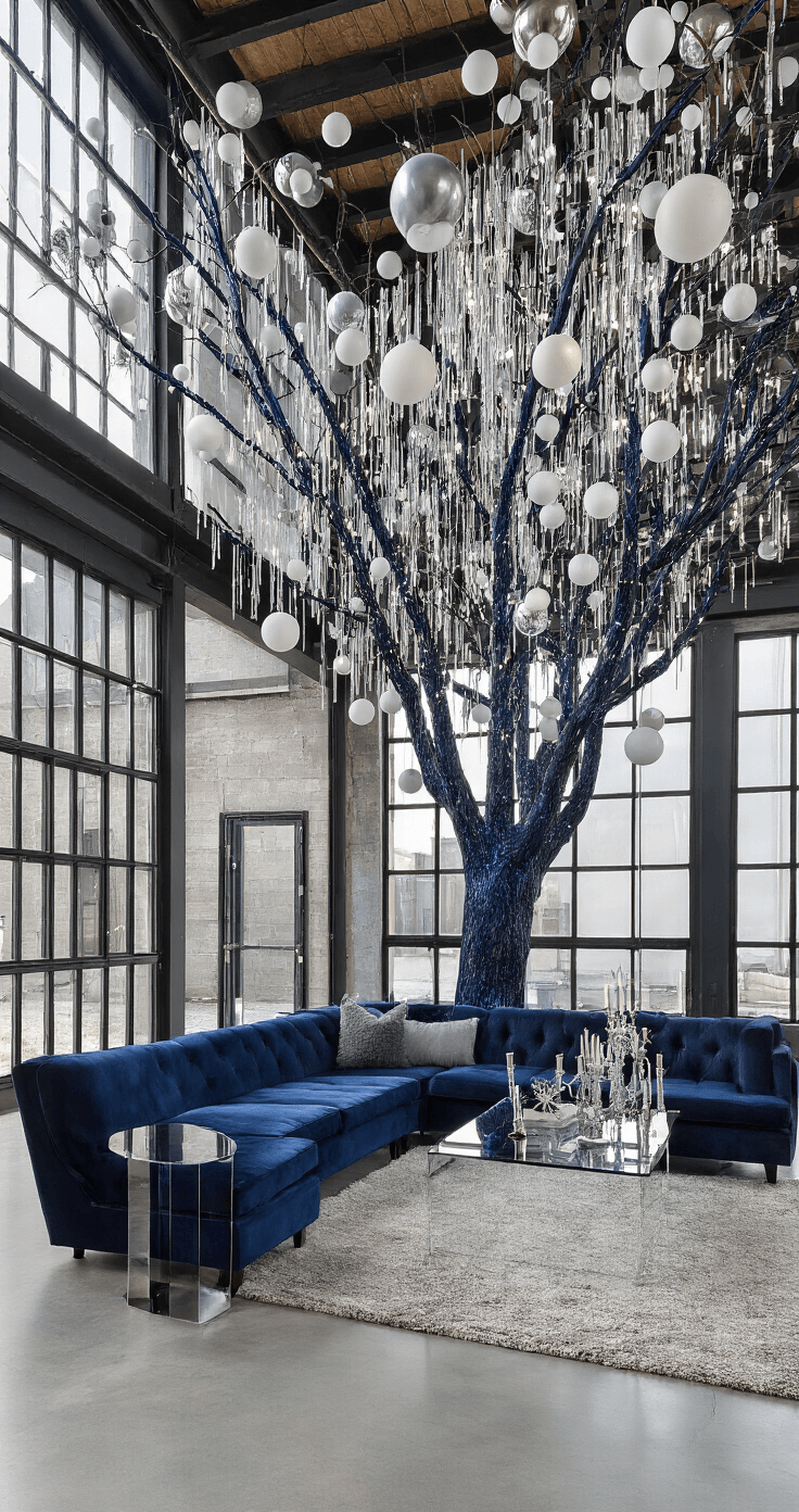 Blue Christmas Tree: A Modern Twist on Holiday Decor A modern open-concept living and dining space is divided by a deep navy tree adorned with oversized white and silver decorations and LED icicle drops. The scene features a midnight blue velvet sofa, a sleek glass dining table with chrome accents, and polished concrete floors. The tree is illuminated with dramatic uplighting, casting striking shadows, while large industrial windows enhance the urban sophistication of the holiday-themed interior.