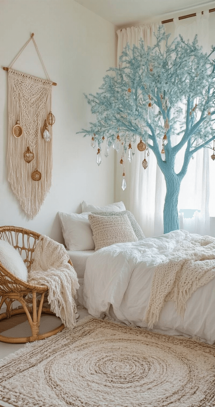 Blue Christmas Tree: A Modern Twist on Holiday Decor A cozy boho bedroom featuring a 6' baby blue tree in a reading nook, adorned with handmade wooden ornaments, crystal prisms, and fairy lights. The space includes a macramé wall hanging, a rattan chair, and layered vintage rugs. Textured white bedding and brass accents add a warm touch, illuminated by early morning light filtering through sheer curtains.