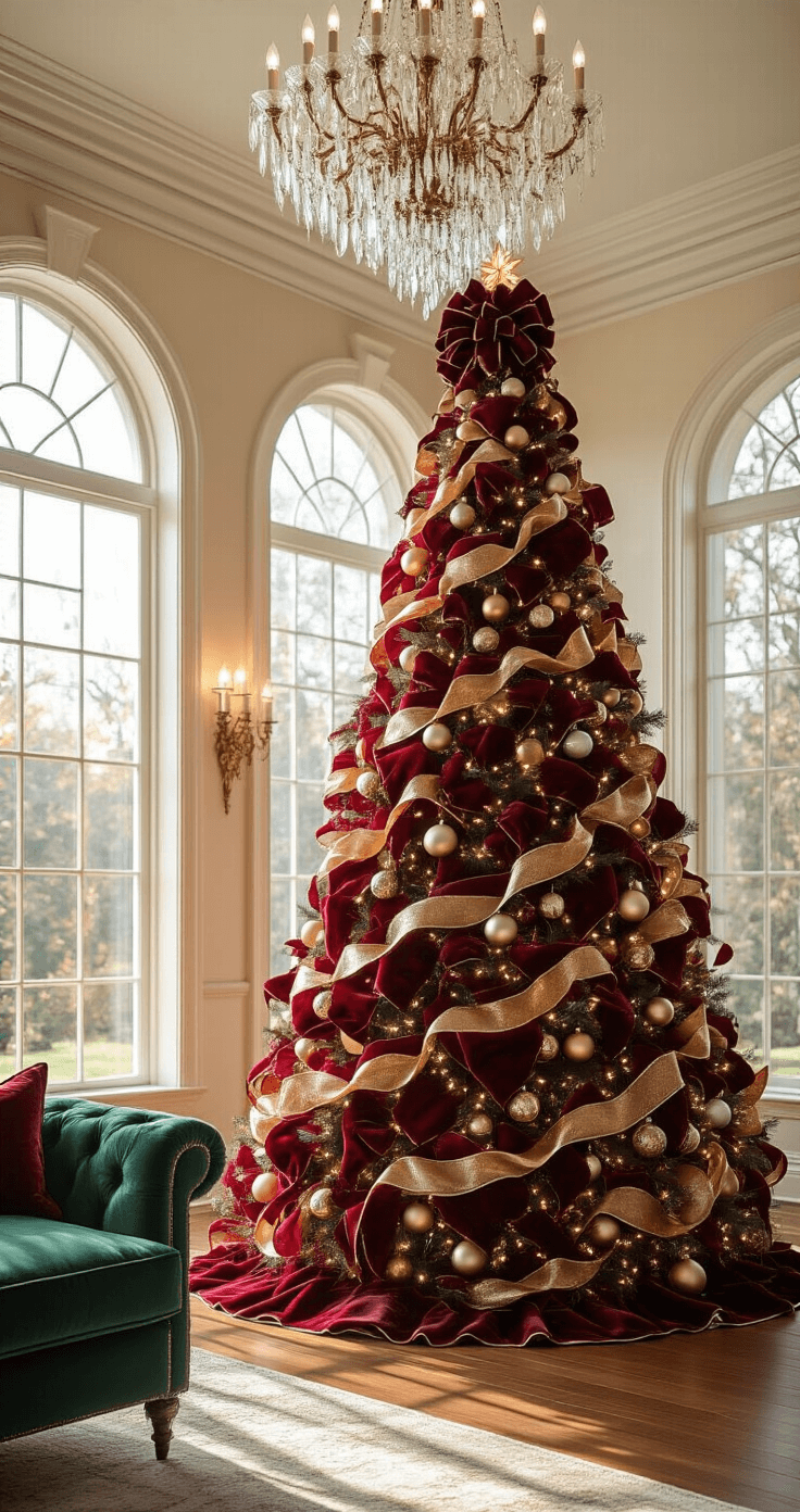 Ribbon Magic: Transform Your Christmas Tree from Drab to Fab in Under an Hour Interior of a grand living room featuring a 9-foot Christmas tree adorned with burgundy velvet and gold ribbons, vintage glass ornaments, and illuminated by warm sunlight, set against cream walls and emerald velvet furniture, captured at a slight dutch angle with a focus on the tree's intricate details.