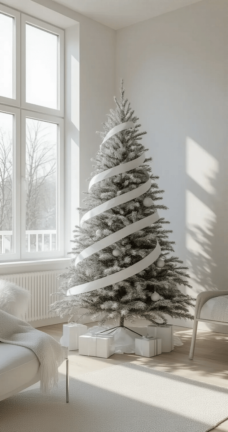 Ribbon Magic: Transform Your Christmas Tree from Drab to Fab in Under an Hour Minimalist Scandinavian-style living space featuring a 7-foot Christmas tree adorned with matte white and silver mesh ribbons, floor-to-ceiling windows bathed in early morning light, pale gray walls, blonde wood floors, and modern chrome and white decor elements, captured from a 45-degree angle.