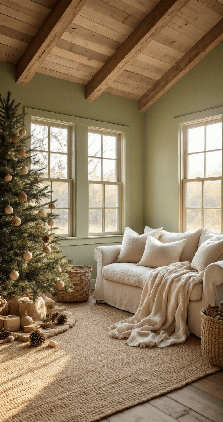 Ribbon Magic: Transform Your Christmas Tree from Drab to Fab in Under an Hour A cozy cottage living room with exposed wooden beams, warm golden light streaming through mullioned windows onto a 6-foot pine tree, adorned with natural burlap and cream linen ribbons, wooden ornaments, and pine cones. The scene features sage green walls, reclaimed wood floors, and overstuffed linen furniture, creating a rustic and warm atmosphere, captured from a low angle to emphasize height.