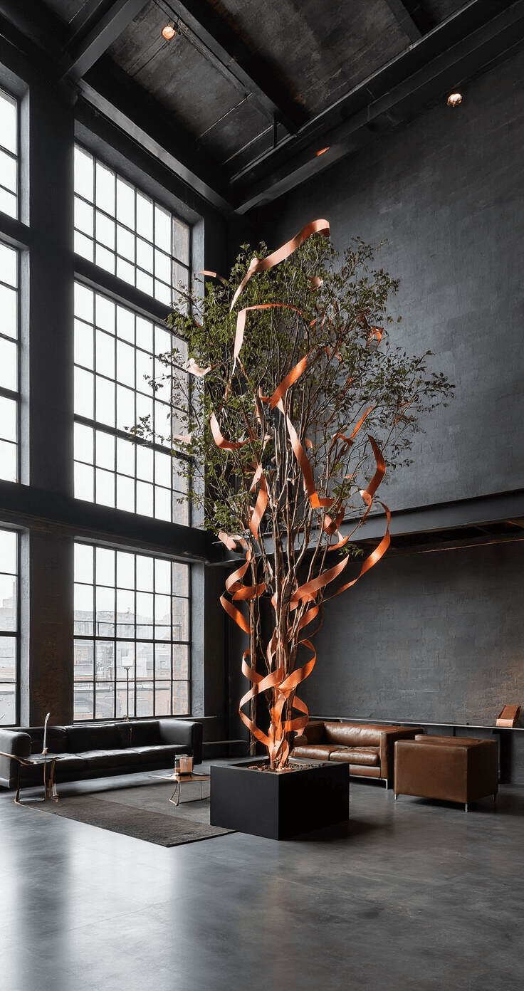 Ribbon Magic: Transform Your Christmas Tree from Drab to Fab in Under an Hour A contemporary open-concept space featuring industrial windows, dusk lighting casting dramatic shadows, and a 10-foot artificial tree with geometric ribbons in black velvet and copper metallic. The scene includes charcoal walls, polished concrete floors, and leather furniture, with accent lighting highlighting metallic details.