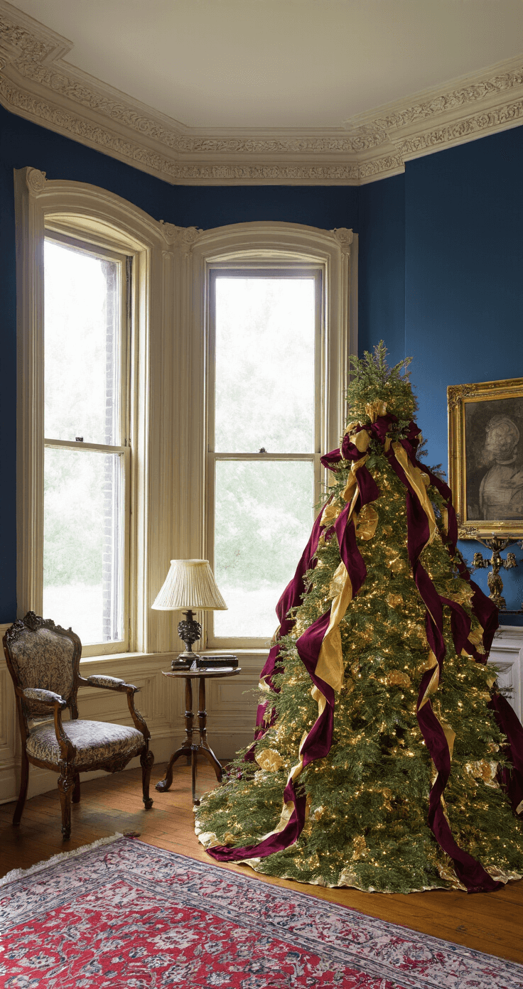 Ribbon Magic: Transform Your Christmas Tree from Drab to Fab in Under an Hour Victorian parlor with ornate moldings and a bay window, featuring a decorated noble fir tree in burgundy and gold, mid-morning light illuminating antique furnishings and deep blue walls.