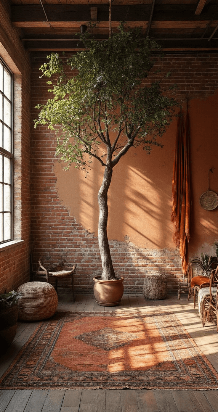 Ribbon Magic: Transform Your Christmas Tree from Drab to Fab in Under an Hour Bohemian loft with exposed brick walls, featuring a 7-foot asymmetrical tree casting shadows in the late afternoon sun. Mixed-texture earthy-tone ribbons flow throughout the space, with a view through macramé hangings. Warm natural light illuminates terracotta walls, vintage rugs, and eclectic furniture.