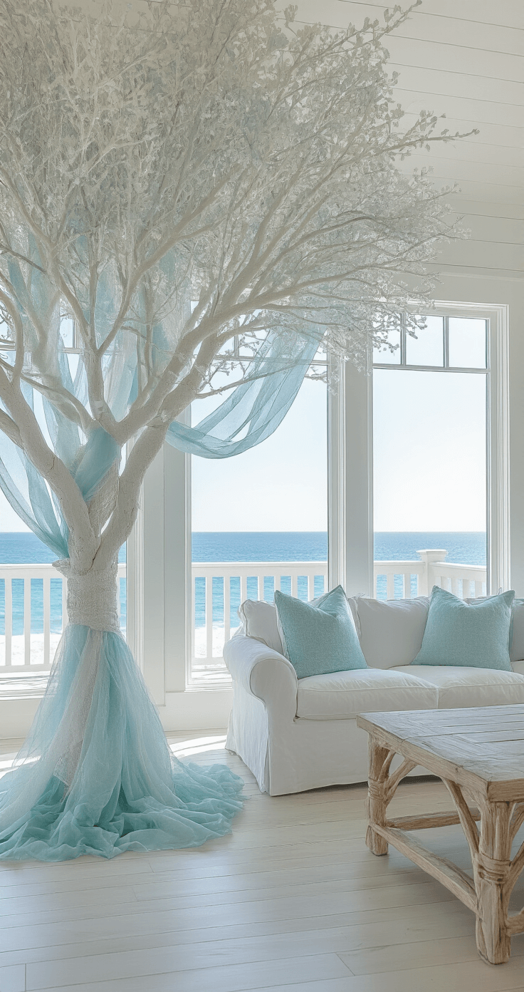 Ribbon Magic: Transform Your Christmas Tree from Drab to Fab in Under an Hour A bright coastal living room featuring panoramic ocean views, an 8-foot white tree decorated with seafoam silk and silver mesh ribbons, white shiplap walls, bleached wood floors, and blue-white upholstery, all illuminated by high-key lighting.