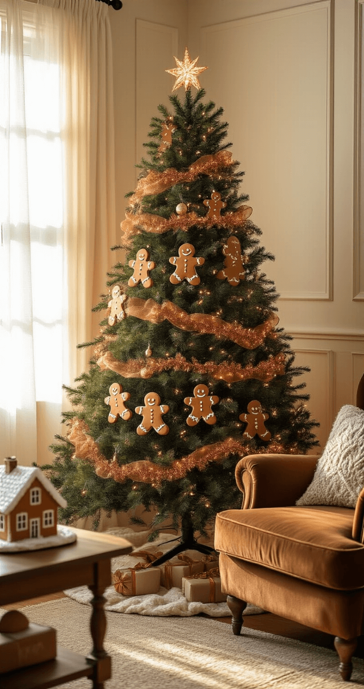 Gingerbread Christmas Tree: A Delightful Holiday Decor Guide A cozy living room corner at golden hour featuring a gingerbread-themed artificial Christmas tree, illuminated by warm sunlight and scattered LED lights, with a brown velvet armchair and vintage side table.