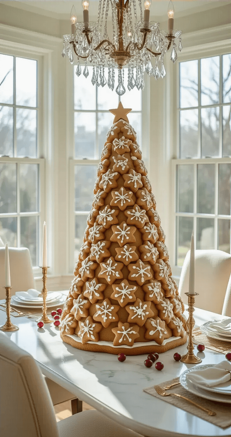 Gingerbread Christmas Tree: A Delightful Holiday Decor Guide A bright and airy dining room featuring a 3ft tall edible gingerbread cookie tree centerpiece on a white marble table, surrounded by cream linen chairs, illuminated by morning light from bay windows. A crystal chandelier casts prismatic light, complemented by vintage brass candlesticks and scattered cranberries, all captured from a 45-degree angle to highlight the intricate cookie details.