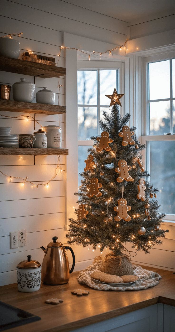 Gingerbread Christmas Tree: A Delightful Holiday Decor Guide Cozy kitchen nook at dusk with vintage gingerbread man ornaments on a tabletop tree, warm copper string lights, shiplap walls, dark wood shelves, and rustic baking supplies.