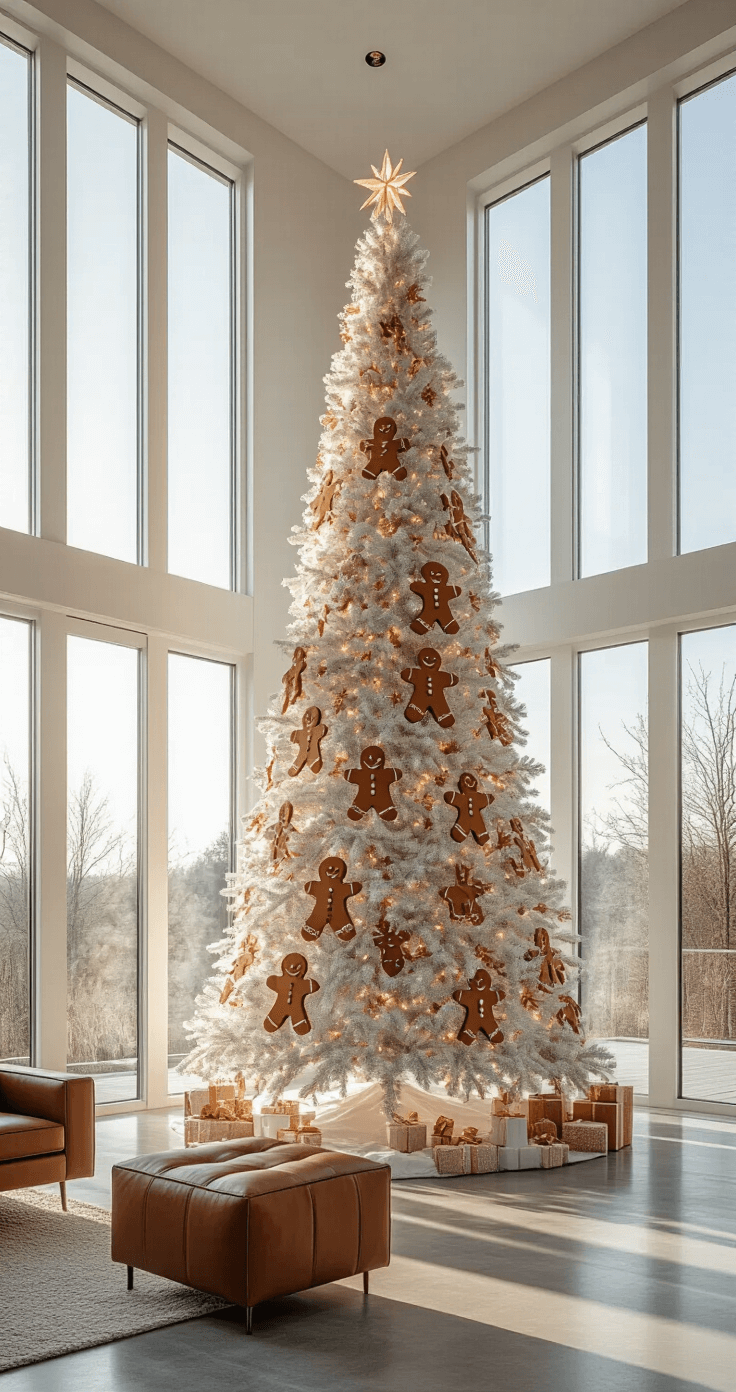 Gingerbread Christmas Tree: A Delightful Holiday Decor Guide Modern great room featuring a 9ft flocked Christmas tree in contemporary gingerbread style, adorned with geometric ornaments and metallic ribbon, with dramatic afternoon light casting shadows through floor-to-ceiling windows. The space showcases a white and rose gold color scheme with brown leather accents, emphasizing height and sophistication.