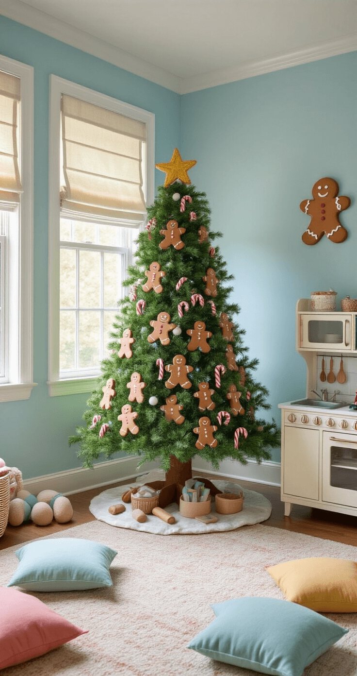 Gingerbread Christmas Tree: A Delightful Holiday Decor Guide Charming children's playroom with pastel blue walls and white trim, featuring a 6ft gingerbread-themed tree decorated with DIY salt dough ornaments and candy cane garlands, illuminated by mid-morning light through roman shades. Scattered floor pillows and a vintage toy kitchen with mini rolling pins enhance the whimsical atmosphere.
