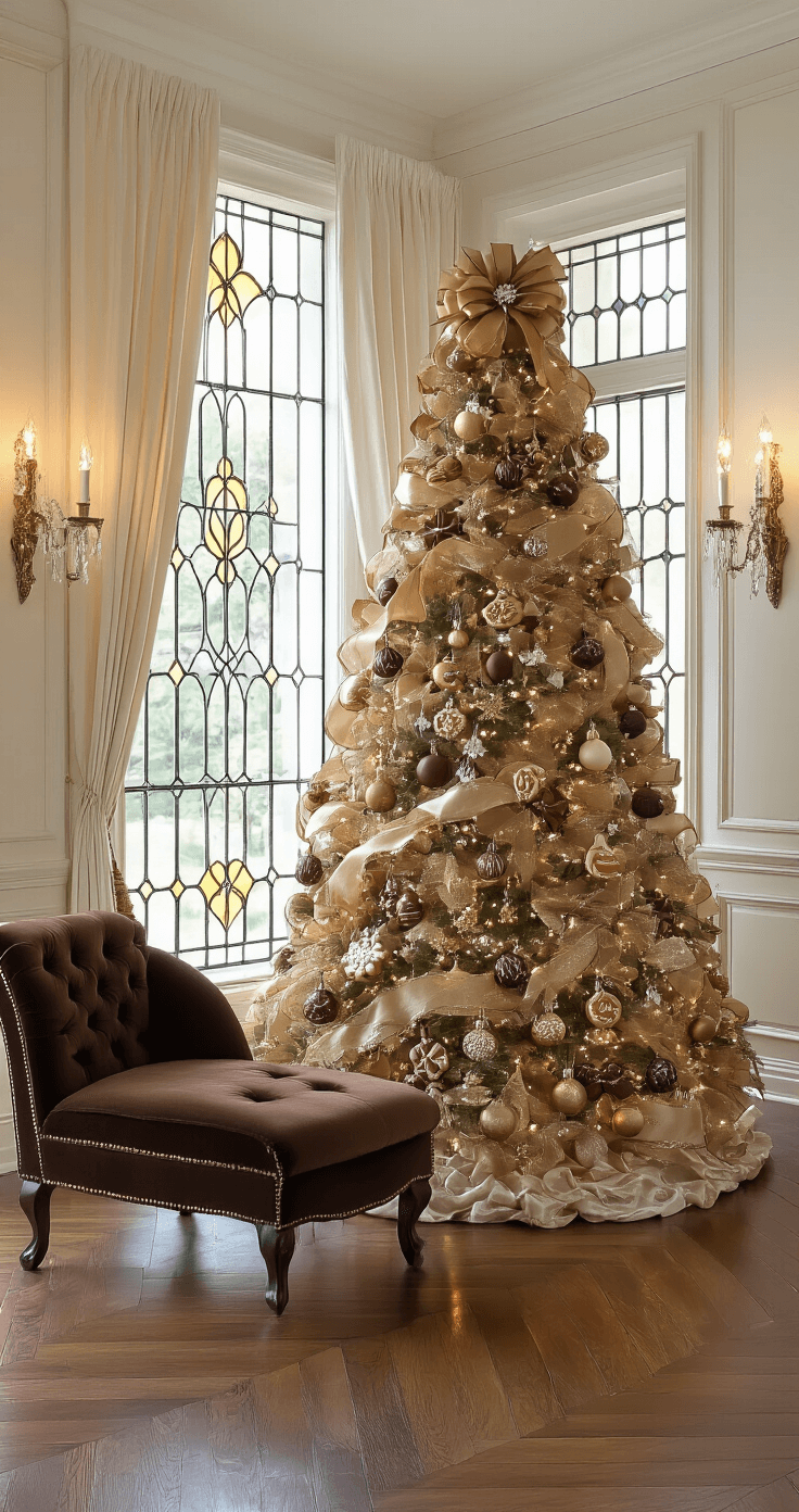 Gingerbread Christmas Tree: A Delightful Holiday Decor Guide Elegant formal living room featuring a slim gingerbread-themed tree adorned with antique gold and brown ornaments and silk ribbon, illuminated by crystal sconces. The space includes ivory silk drapes, a deep chocolate velvet chaise, and herringbone hardwood floors, creating a luxurious atmosphere.