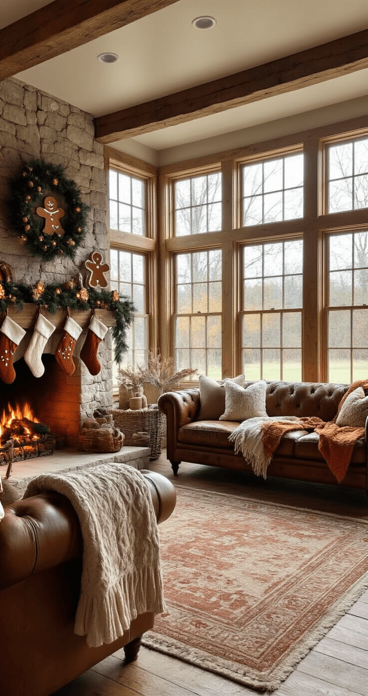 Gingerbread Christmas Tree: A Delightful Holiday Decor Guide A cozy rustic family room featuring a 7.5ft decorated tree, a stone fireplace with stockings, and a weathered leather sofa, all illuminated by warm late afternoon light. Handmade ornaments, wooden cookie cutters, and dried orange slices adorn the tree, while a vintage rug rests on pine floors, enhancing the welcoming atmosphere.