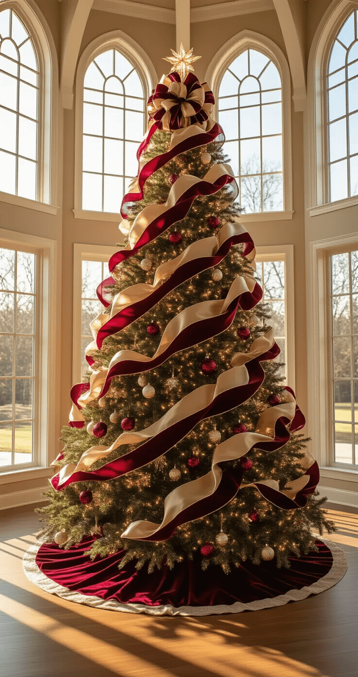 How to Transform Your Christmas Tree with Stunning Ribbon Decor: A Designer's Secret Weapon A grand 12-foot Christmas tree adorned with cascading champagne and burgundy ribbons, crystal ornaments, and deep merlot velvet ribbon, stands in a spacious 20x20 living room with cathedral ceilings. Golden sunlight pours through floor-to-ceiling windows, casting long shadows and creating a warm, cozy atmosphere.