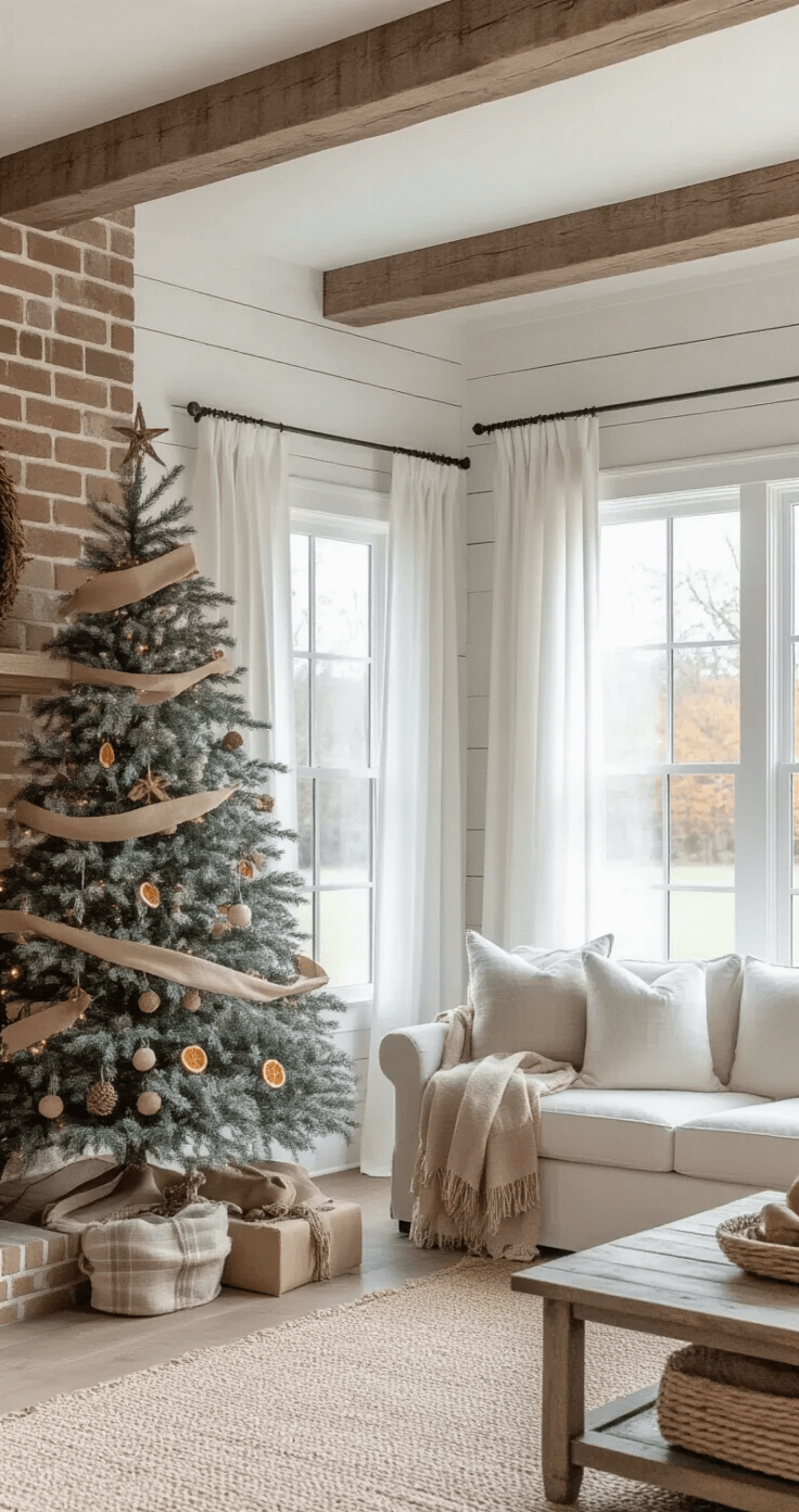 How to Transform Your Christmas Tree with Stunning Ribbon Decor: A Designer's Secret Weapon A wide-angle view of a modern farmhouse great room featuring whitewashed shiplap walls and exposed wooden beams, highlighting a 9-foot flocked Christmas tree in a corner against weathered brick, adorned with natural burlap and buffalo check ribbons, wooden ornaments, and dried orange slices, illuminated by soft morning light filtering through white linen curtains.