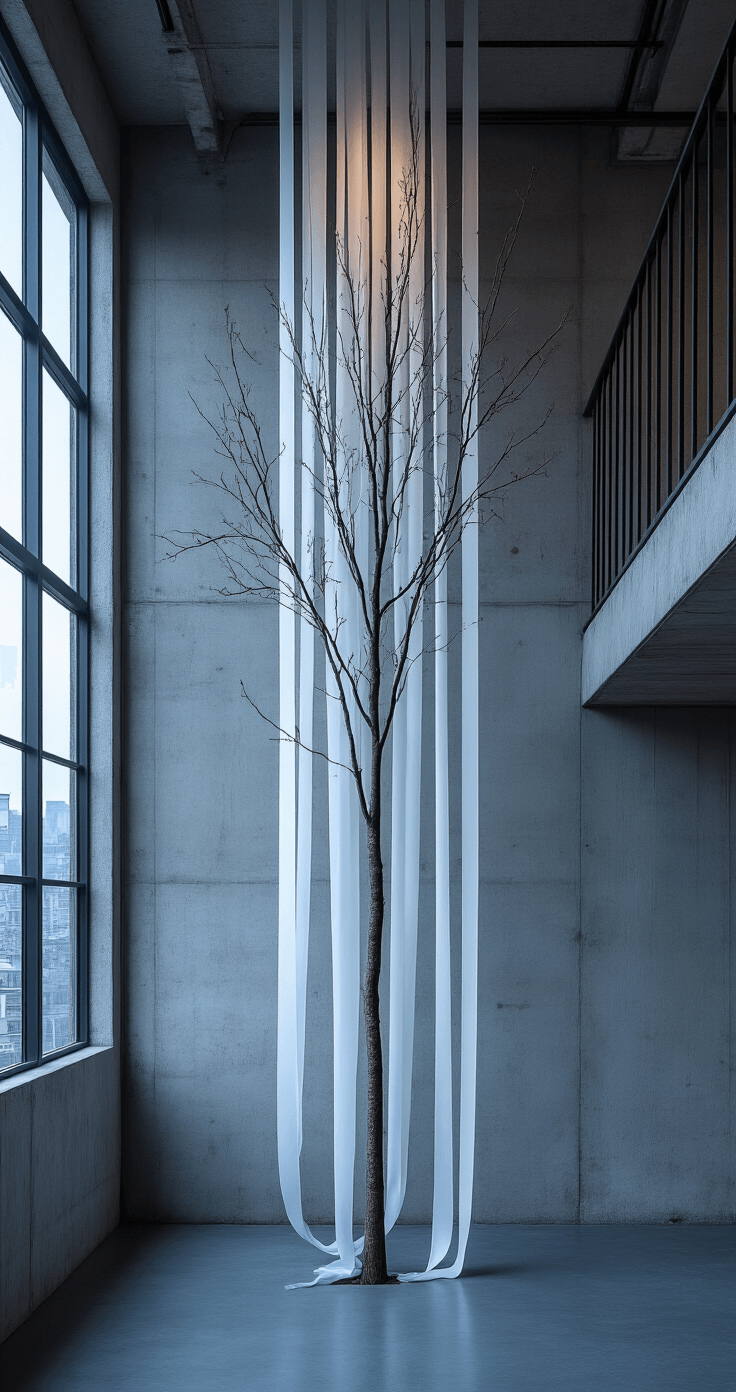 How to Transform Your Christmas Tree with Stunning Ribbon Decor: A Designer's Secret Weapon Minimalist loft interior featuring concrete walls and industrial windows, illuminated by cool blue hour lighting. An 11-foot tree with a single wide white silk ribbon hangs in strict vertical cascades, contrasting with its organic branches. The monochromatic ornamentation enhances the stark, contemporary ambiance, captured from a mezzanine level perspective with mixed natural and artificial lighting.